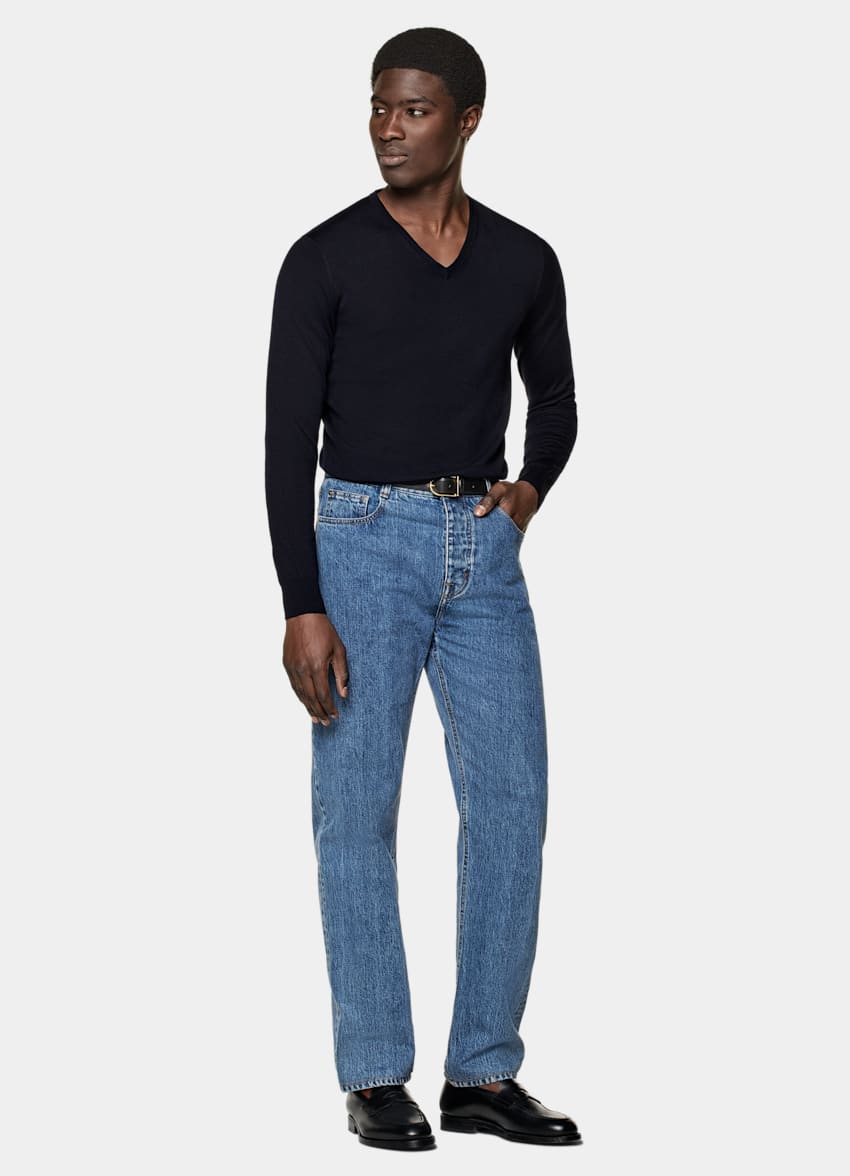 SUITSUPPLY Pura lana Jersey cuello pico azul marino merino