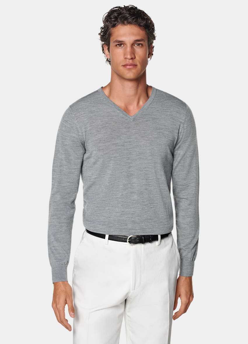 SUITSUPPLY Pure Wool Grey Merino V-Neck