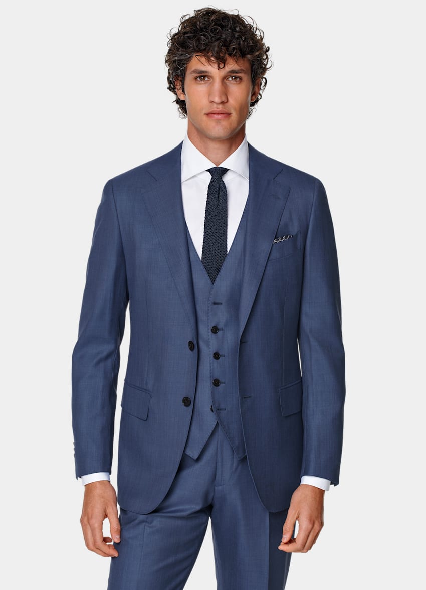 SUITSUPPLY All Season Pure S150's Wool by E.Thomas, Italy Mid Blue Three-Piece Tailored Fit Lazio Suit