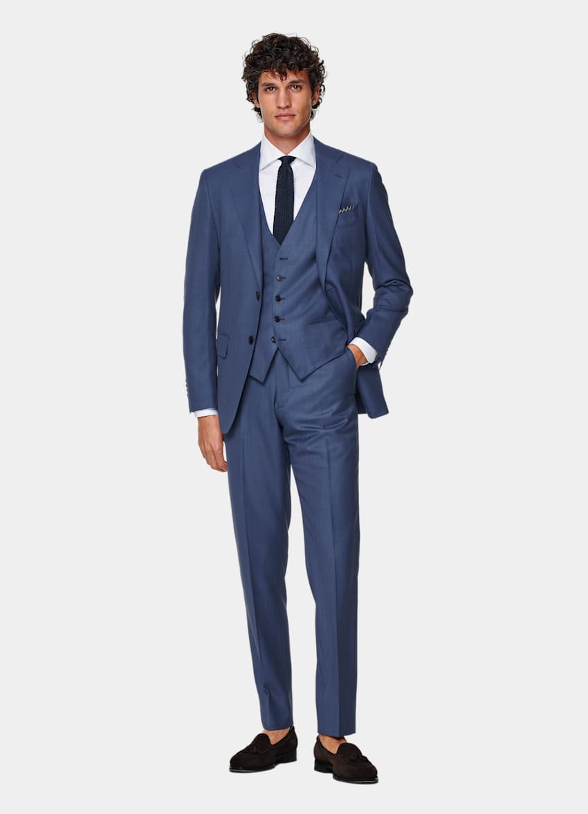 SUITSUPPLY Pure S150's Wool by E.Thomas, Italy Mid Blue Three-Piece Tailored Fit Lazio Suit