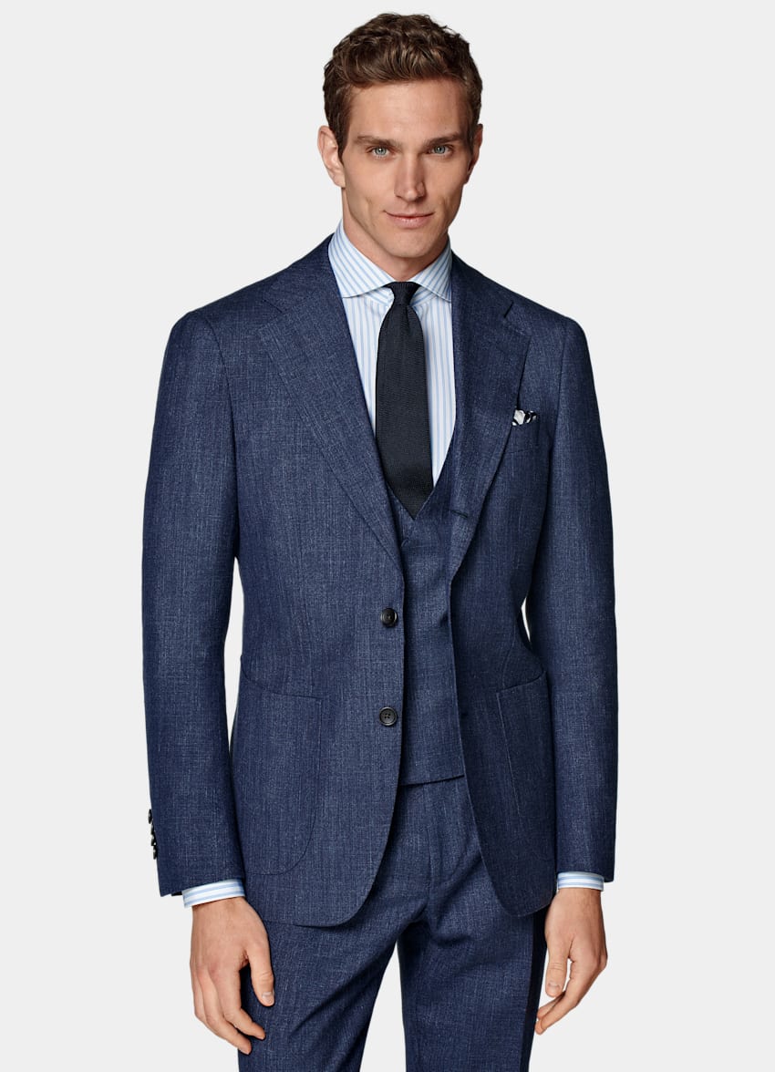 SUITSUPPLY Wool Silk Linen by E.Thomas, Italy Mid Blue Three-Piece Havana Suit
