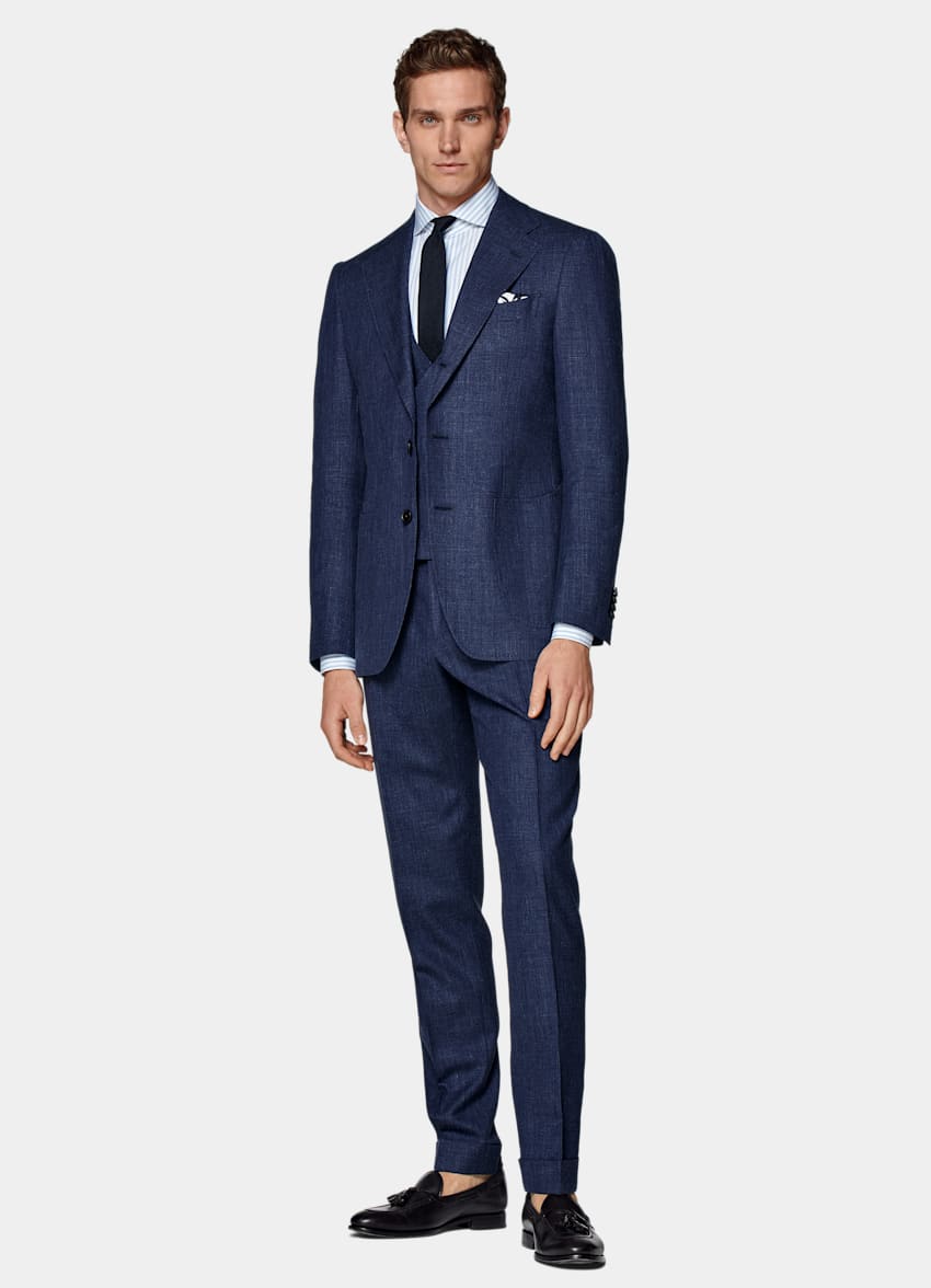 SUITSUPPLY Wool Silk Linen by E.Thomas, Italy Mid Blue Three-Piece Havana Suit