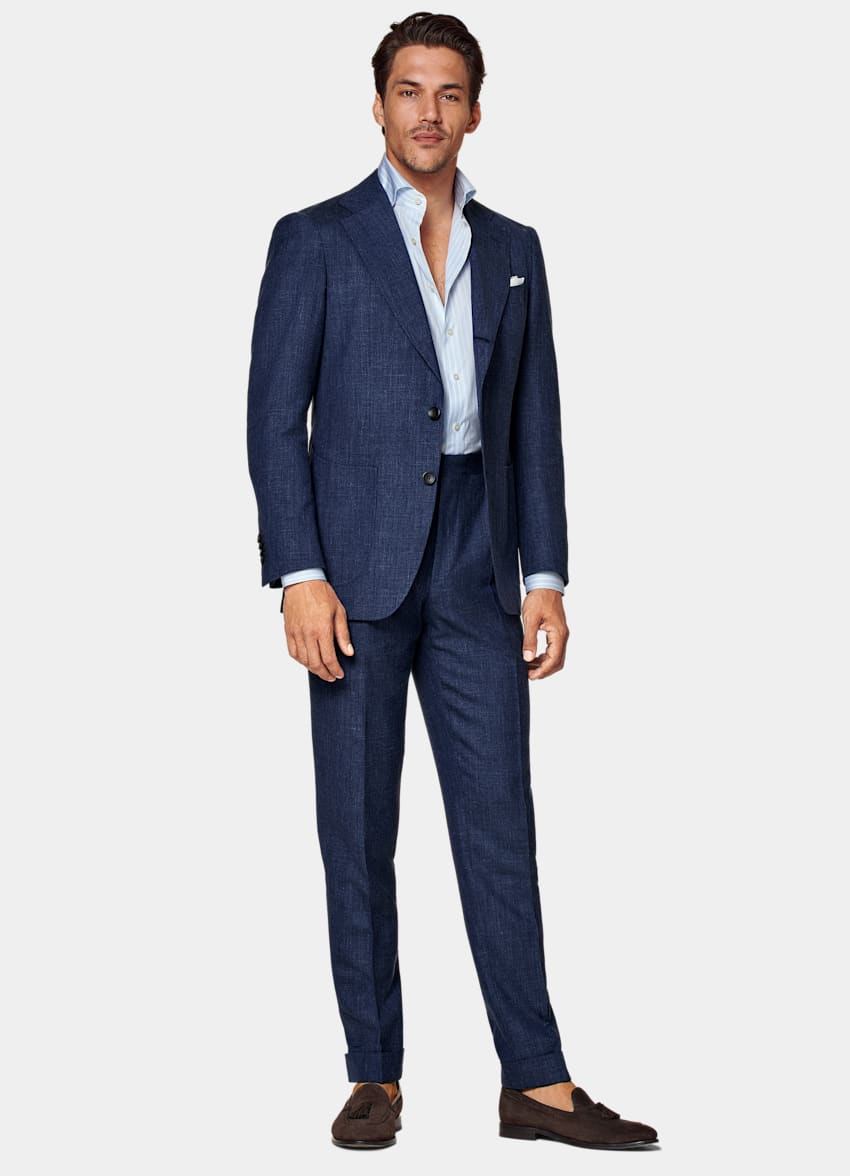 SUITSUPPLY Wool Silk Linen by E.Thomas, Italy Mid Blue Havana Suit
