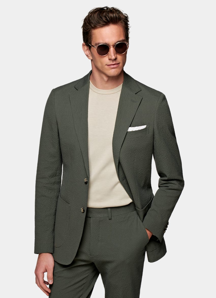 Mid Green Havana Suit | Stretch Cotton Seersucker Single Breasted ...