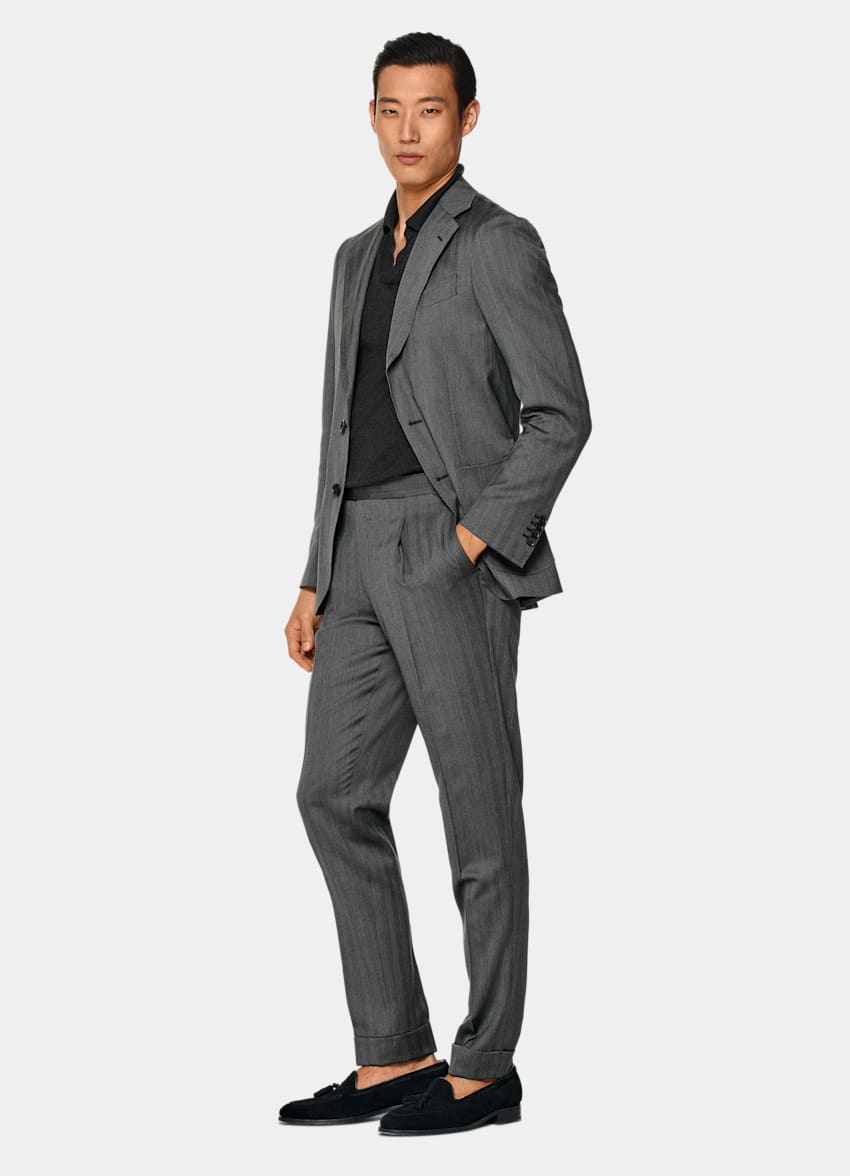 SUITSUPPLY Pure S130's Wool by Drago, Italy Mid Grey Herringbone Havana Suit