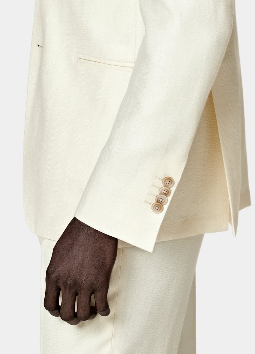 SUITSUPPLY Wool Silk Linen by E.Thomas, Italy Off-White Herringbone  Havana Suit