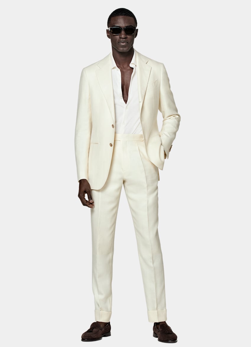 SUITSUPPLY Wool Silk Linen by E.Thomas, Italy Off-White Herringbone  Havana Suit
