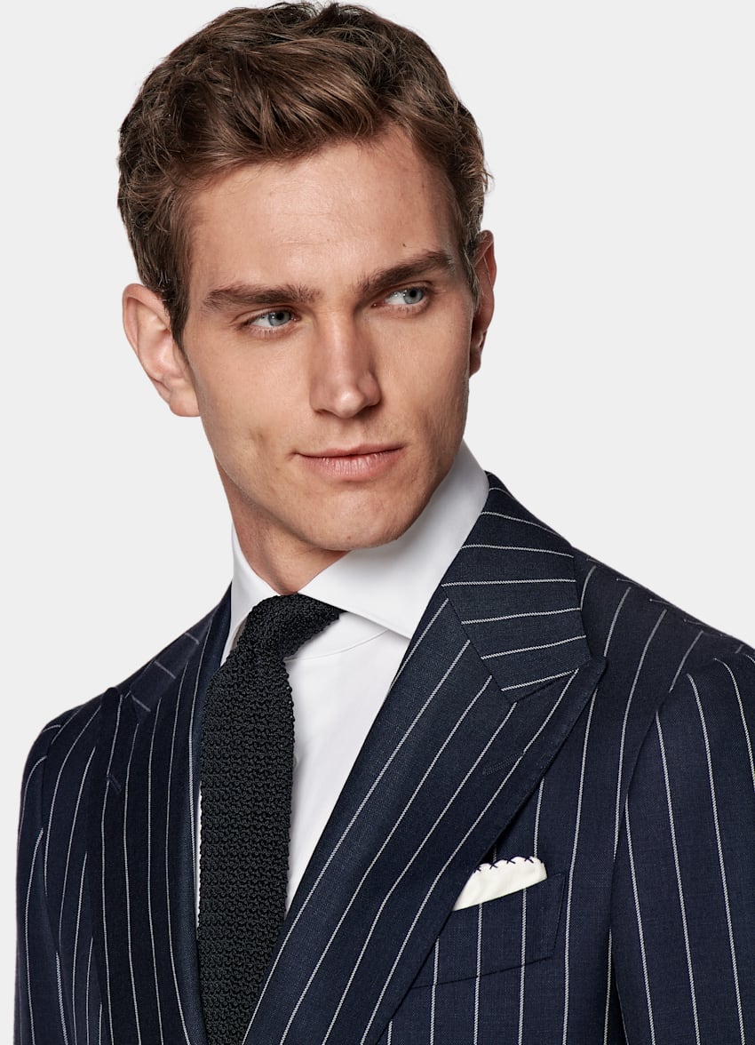 SUITSUPPLY Summer Wool Silk Linen by E.Thomas, Italy Mid Blue Striped Tailored Fit Havana Suit