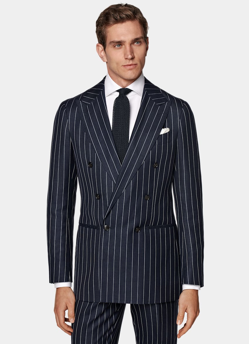 SUITSUPPLY Wool Silk Linen by E.Thomas, Italy Mid Blue Striped Havana Suit
