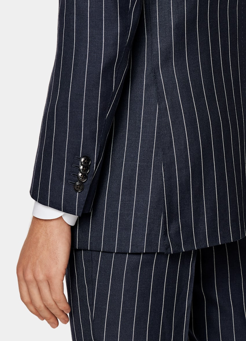 SUITSUPPLY Summer Wool Silk Linen by E.Thomas, Italy Mid Blue Striped Tailored Fit Havana Suit
