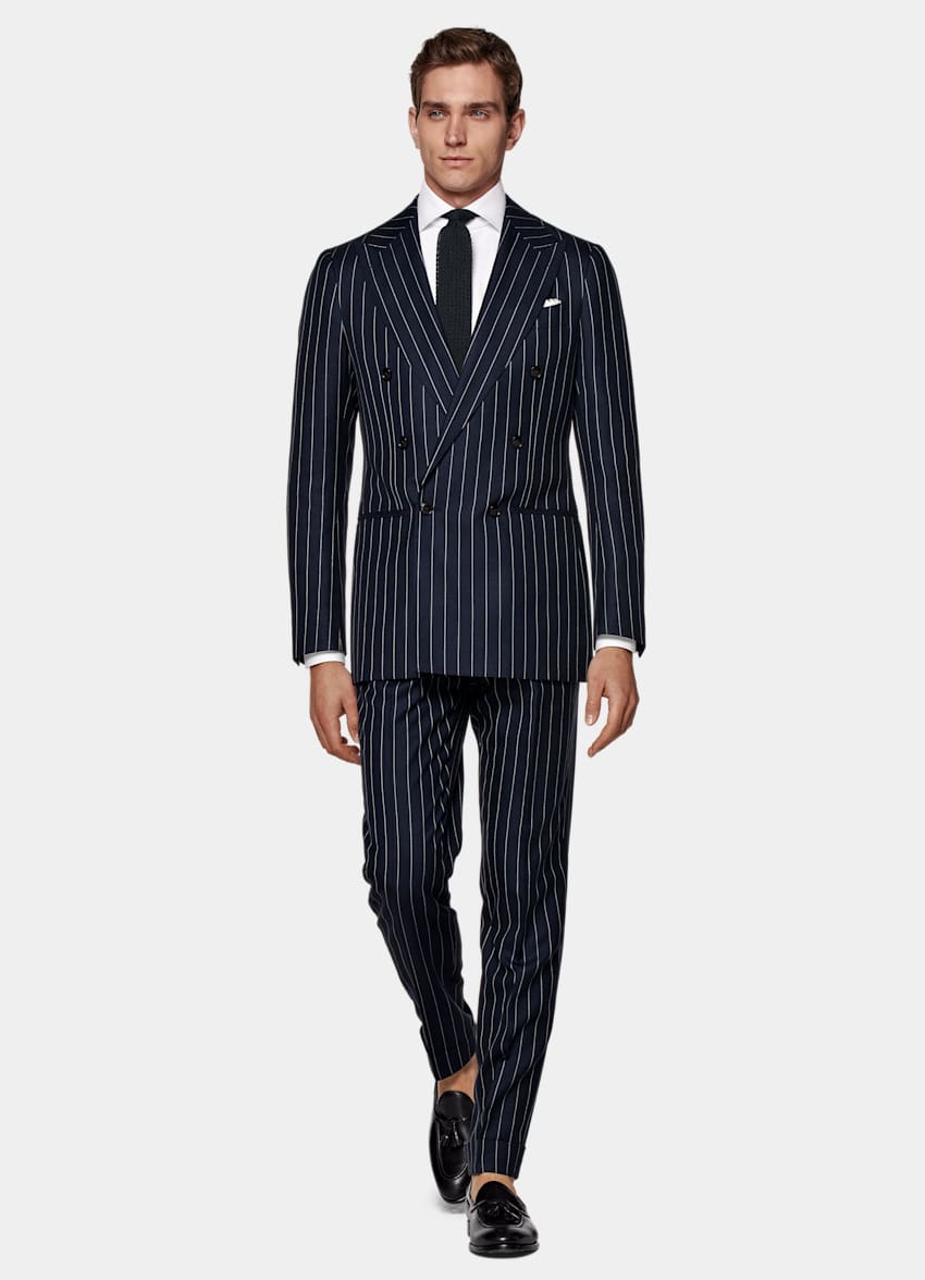 SUITSUPPLY Wool Silk Linen by E.Thomas, Italy Mid Blue Striped Havana Suit