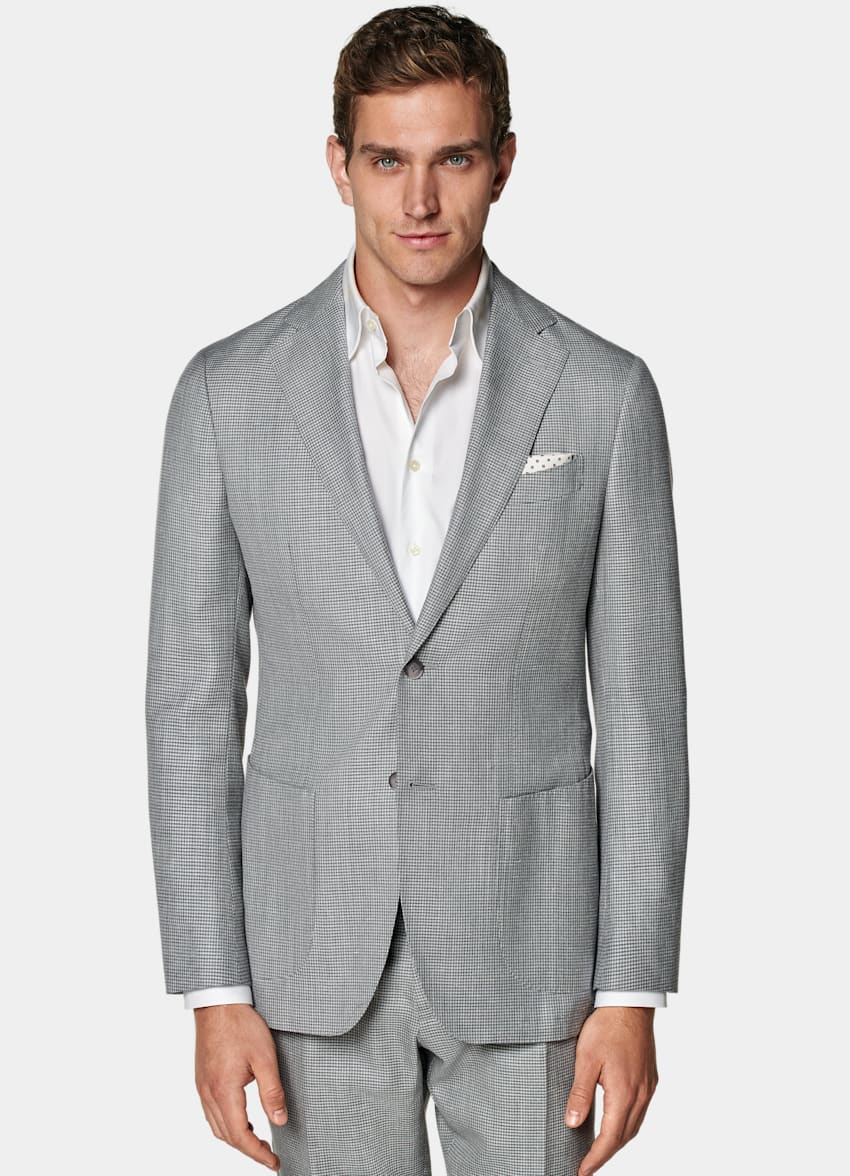 SUITSUPPLY Wool Silk Linen by Rogna, Italy Light Grey Houndstooth Havana Suit