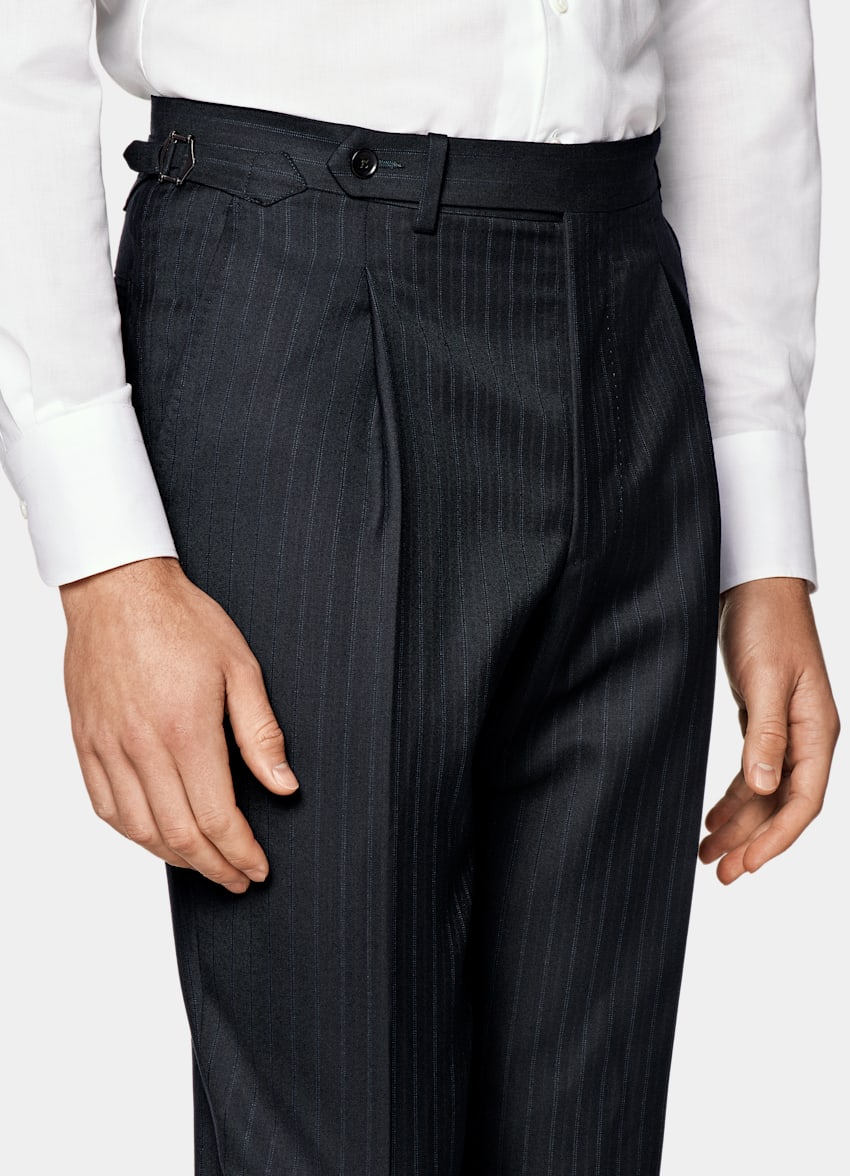 SUITSUPPLY All Season Pure S150's Wool by E.Thomas, Italy Navy Striped Tailored Fit Havana Suit