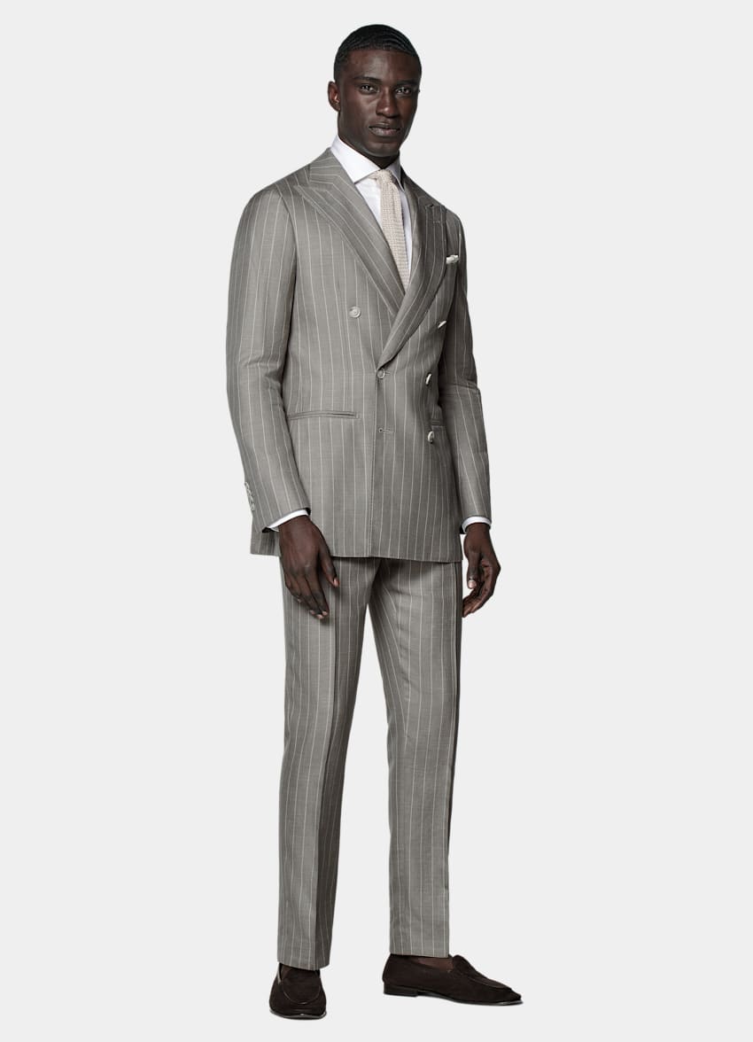 SUITSUPPLY Wool Silk Linen by E.Thomas, Italy Taupe Striped Havana Suit