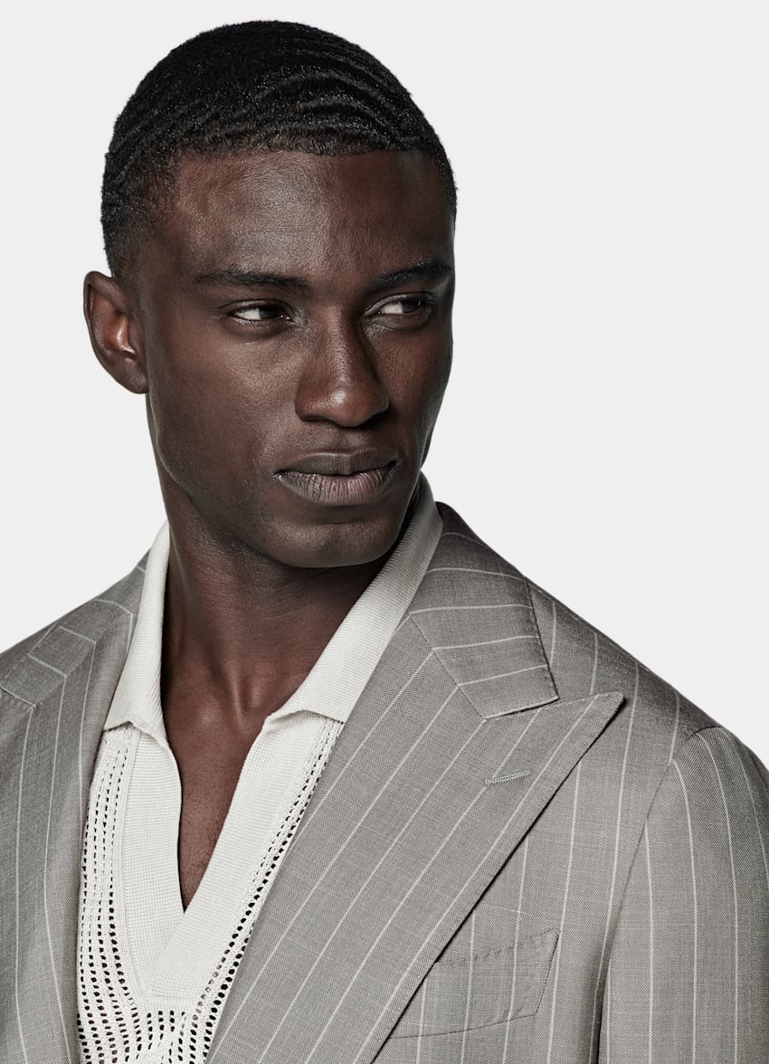 SUITSUPPLY Laine, soie et lin - E.Thomas, Italie Costume Havana coupe Tailored taupe à rayures