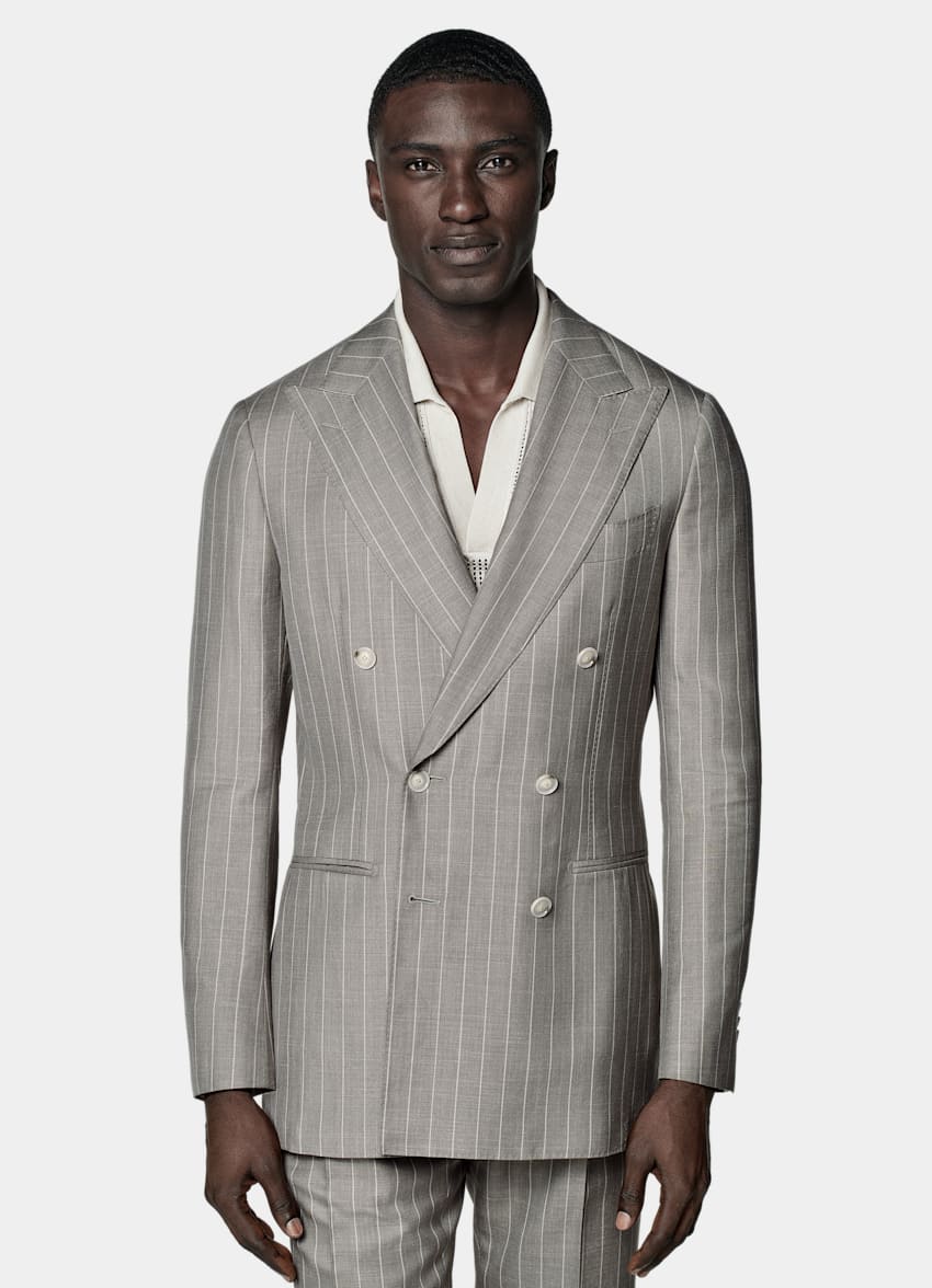 SUITSUPPLY Ull, silke och linne från E.Thomas, Italien Havana randig mullvadsfärgad kostym med tailored fit