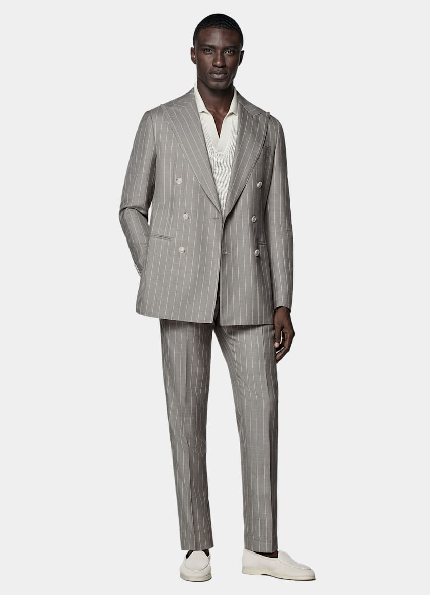 SUITSUPPLY Laine, soie et lin - E.Thomas, Italie Costume Havana coupe Tailored taupe à rayures