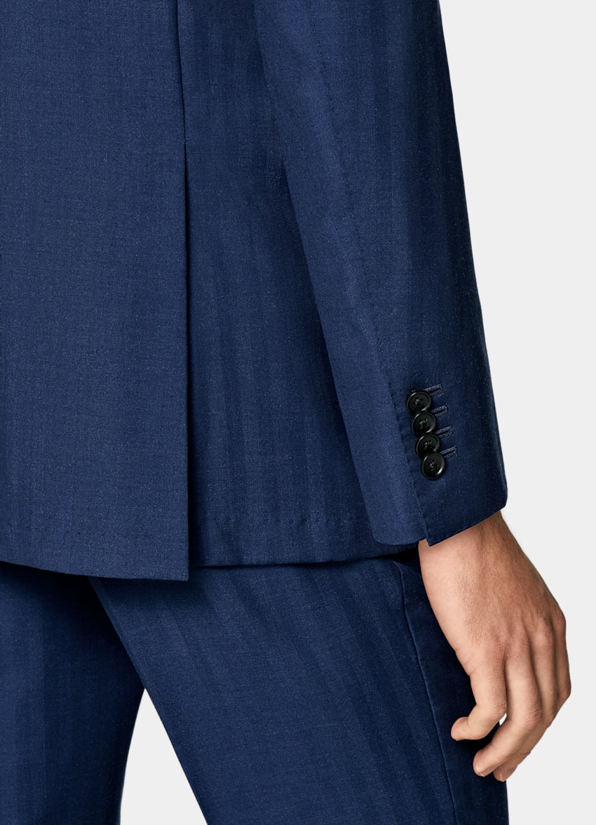 SUITSUPPLY All Season Wool Silk by Rogna, Italy Mid Blue Herringbone Perennial Tailored Fit Havana Suit