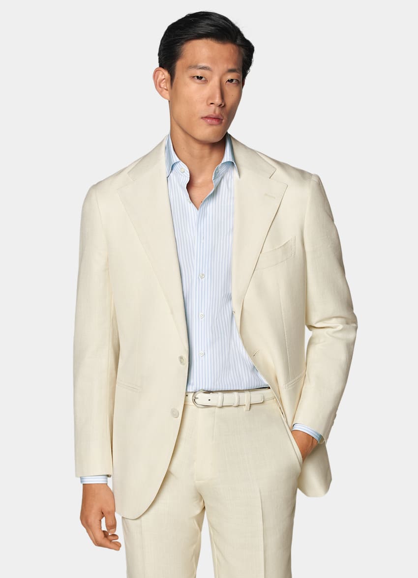 SUITSUPPLY Wool Silk Linen by E.Thomas, Italy Off-White Relaxed Fit Roma Suit