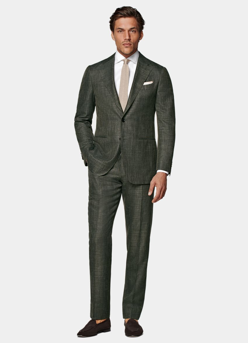 SUITSUPPLY Summer Wool Silk Linen by E.Thomas, Italy Dark Green Tailored Fit Havana Suit