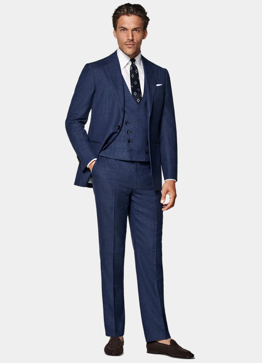 SUITSUPPLY Summer Wool Silk Linen by E.Thomas, Italy  Mid Blue Three-Piece Tailored Fit Havana Suit