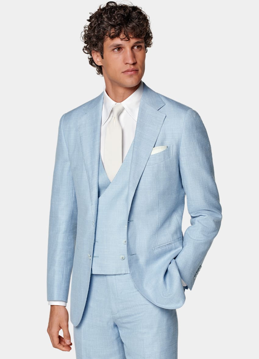 SUITSUPPLY Summer Wool Silk Linen by E.Thomas, Italy Light Blue Three-Piece Tailored Fit Havana Suit