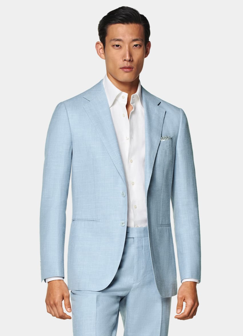 SUITSUPPLY Summer Wool Silk Linen by E.Thomas, Italy Light Blue Tailored Fit Havana Suit
