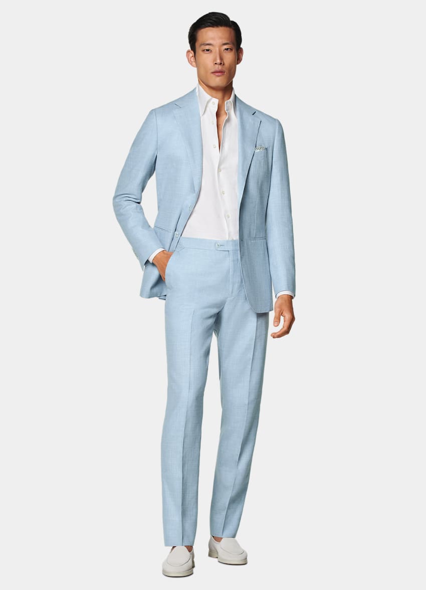 SUITSUPPLY Wool Silk Linen by E.Thomas, Italy Light Blue Tailored Fit Havana Suit
