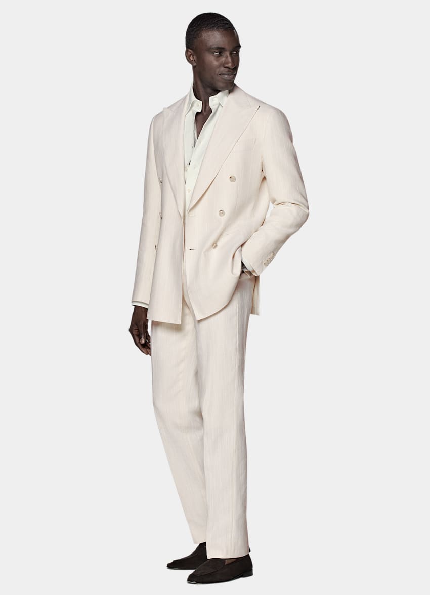 SUITSUPPLY Summer Silk Linen Cotton Polyamide by Ferla, Italy Off-White Striped Tailored Fit Havana Suit
