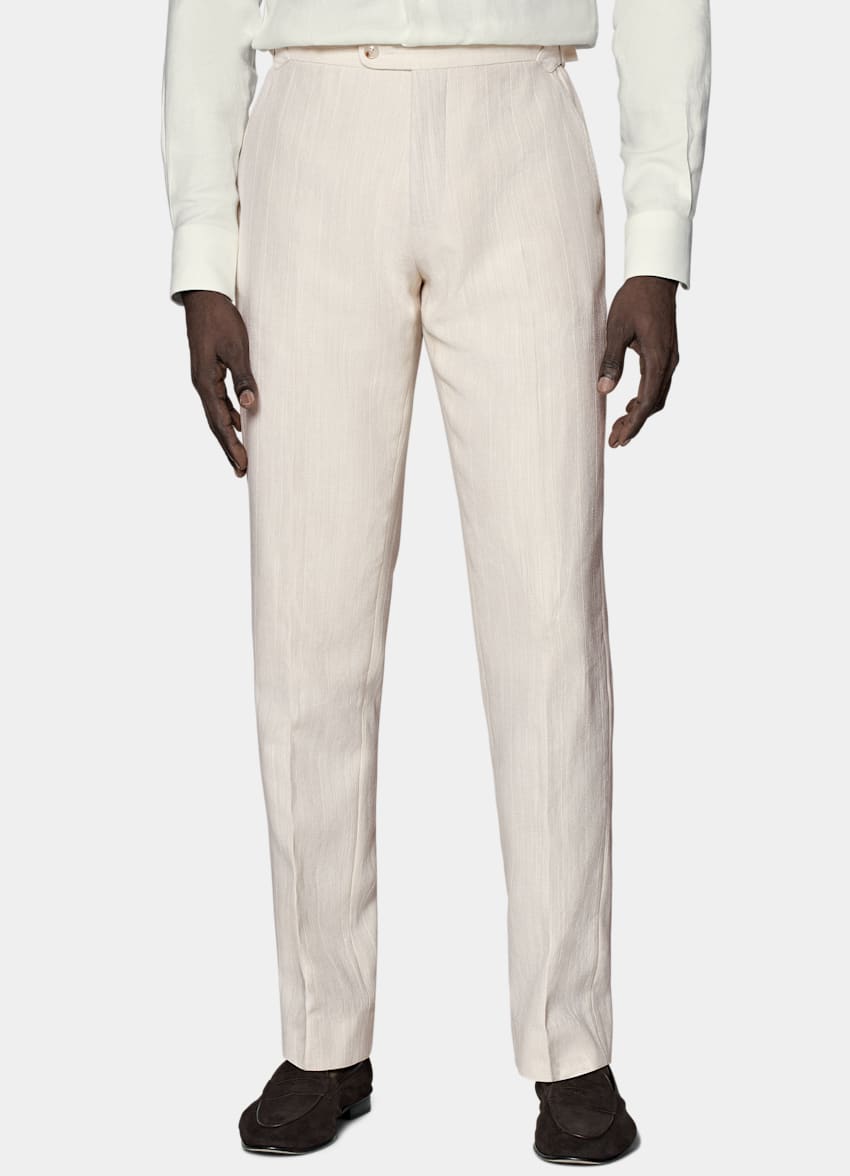 SUITSUPPLY Summer Silk Linen Cotton Polyamide by Ferla, Italy Off-White Striped Tailored Fit Havana Suit