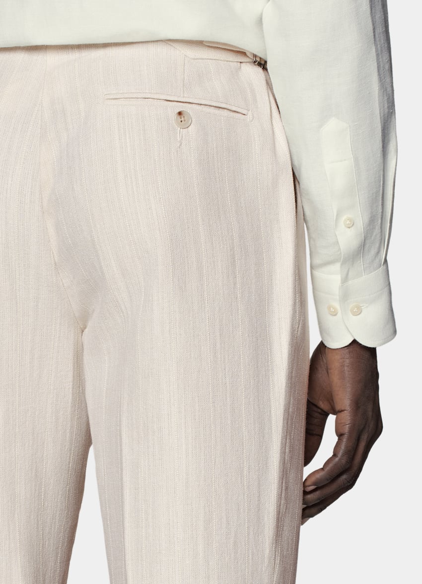 SUITSUPPLY 夏季 意大利 Ferla 生产的丝绸、亚麻、棉、锦纶面料 Havana 米白色合体身型条纹西装