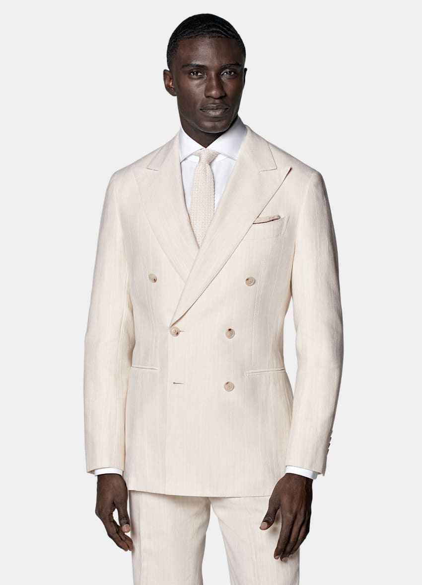 SUITSUPPLY 意大利 Ferla 生产的丝绸、亚麻、棉、锦纶面料 Havana 米白色合体身型条纹西装