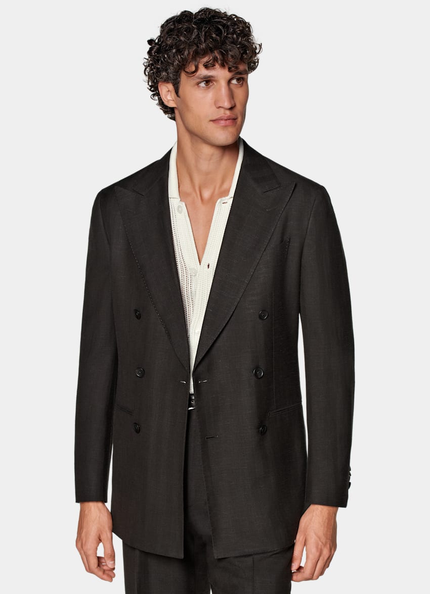 SUITSUPPLY Summer Wool Silk Linen by Rogna, Italy Dark Brown Herringbone Tailored Fit Havana Suit
