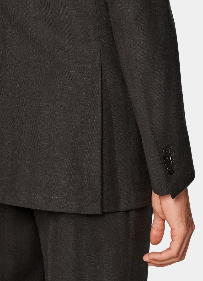 SUITSUPPLY Wool Silk Linen by Rogna, Italy Dark Brown Herringbone Tailored Fit Havana Suit