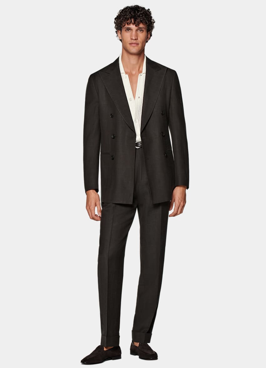 SUITSUPPLY Wool Silk Linen by Rogna, Italy Dark Brown Herringbone Tailored Fit Havana Suit