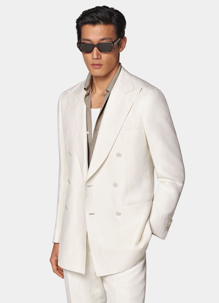 SUITSUPPLY Summer Linen Silk by Beste, Italy Off-White Tailored Fit Havana Suit