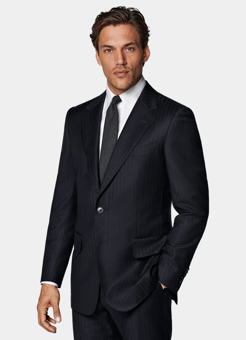 SUITSUPPLY Pure S130's Wool by E.Thomas, Italy Navy Striped Tailored Fit Milano Suit