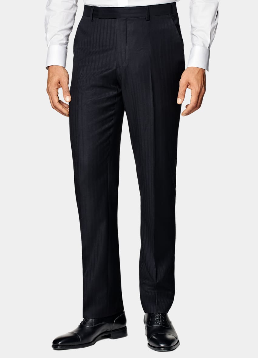 SUITSUPPLY All Season Pure S130's Wool by E.Thomas, Italy Navy Striped Tailored Fit Milano Suit