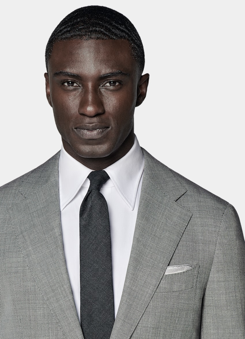 SUITSUPPLY Pure S150's Wool by Vitale Barberis Canonico, Italy Light Grey Bird's Eye Tailored Fit Havana Suit