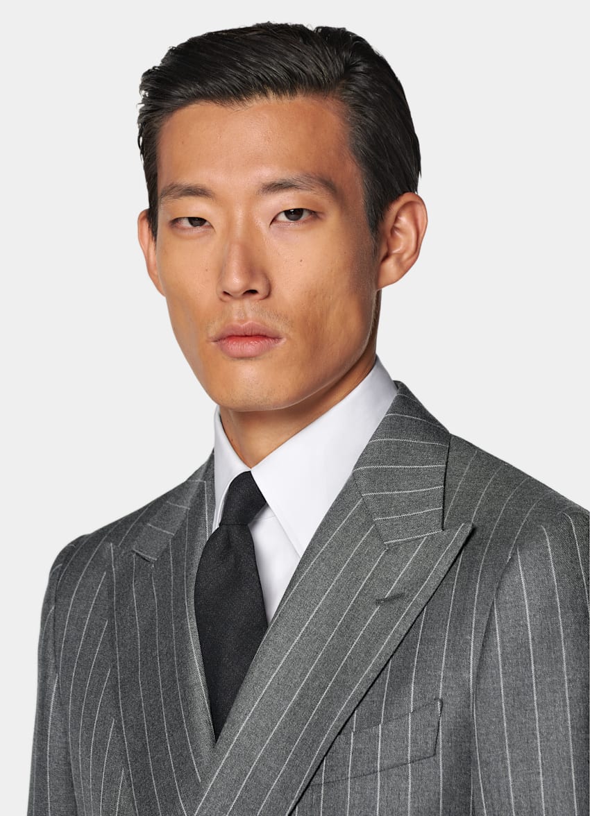 SUITSUPPLY All Season Pure Wool by Vitale Barberis Canonico, Italy Mid Grey Striped Tailored Fit Milano Suit