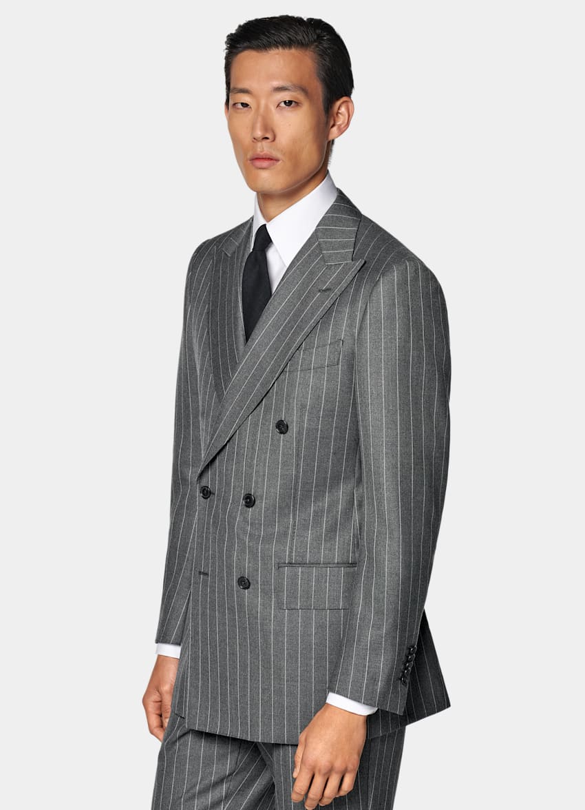SUITSUPPLY All Season Pure Wool by Vitale Barberis Canonico, Italy Mid Grey Striped Tailored Fit Milano Suit