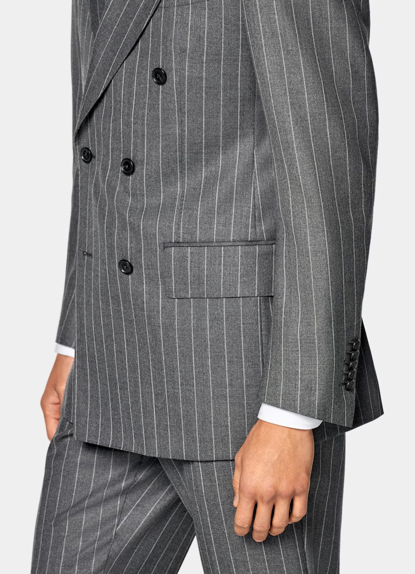 SUITSUPPLY All Season Pure Wool by Vitale Barberis Canonico, Italy Mid Grey Striped Tailored Fit Milano Suit