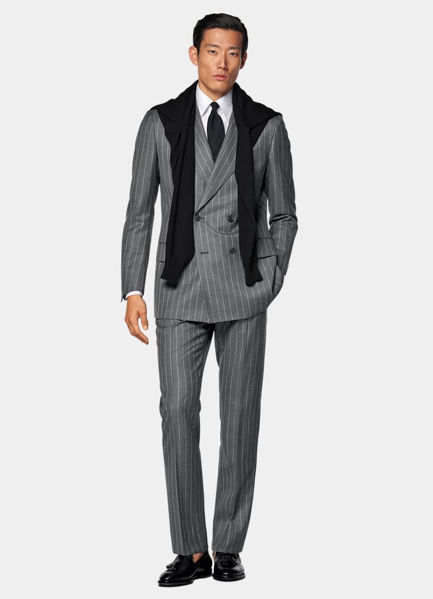 SUITSUPPLY All Season Pure Wool by Vitale Barberis Canonico, Italy Mid Grey Striped Tailored Fit Milano Suit