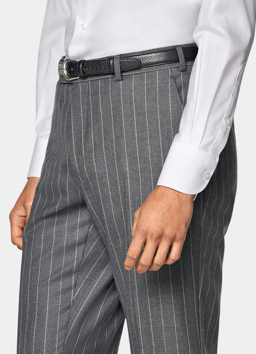 SUITSUPPLY All Season Pure Wool by Vitale Barberis Canonico, Italy Mid Grey Striped Tailored Fit Milano Suit