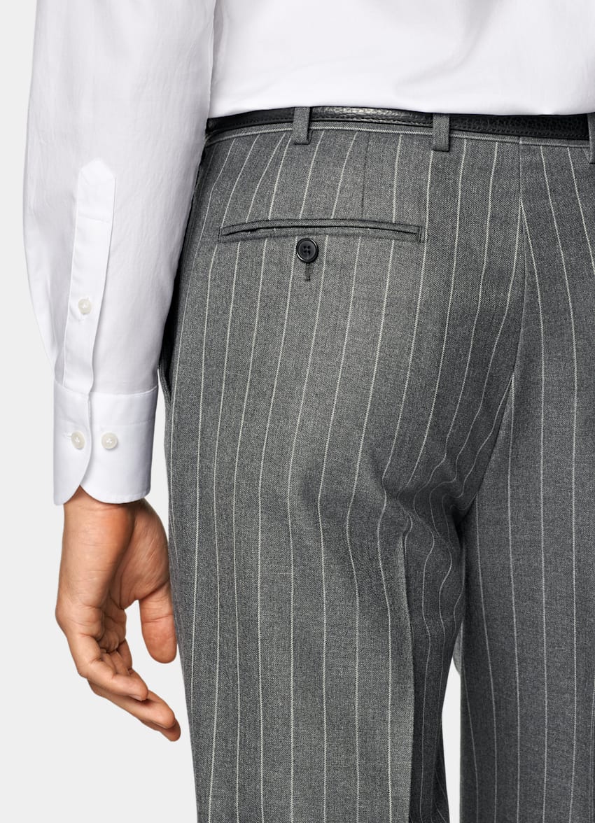 SUITSUPPLY All Season Pure Wool by Vitale Barberis Canonico, Italy Mid Grey Striped Tailored Fit Milano Suit