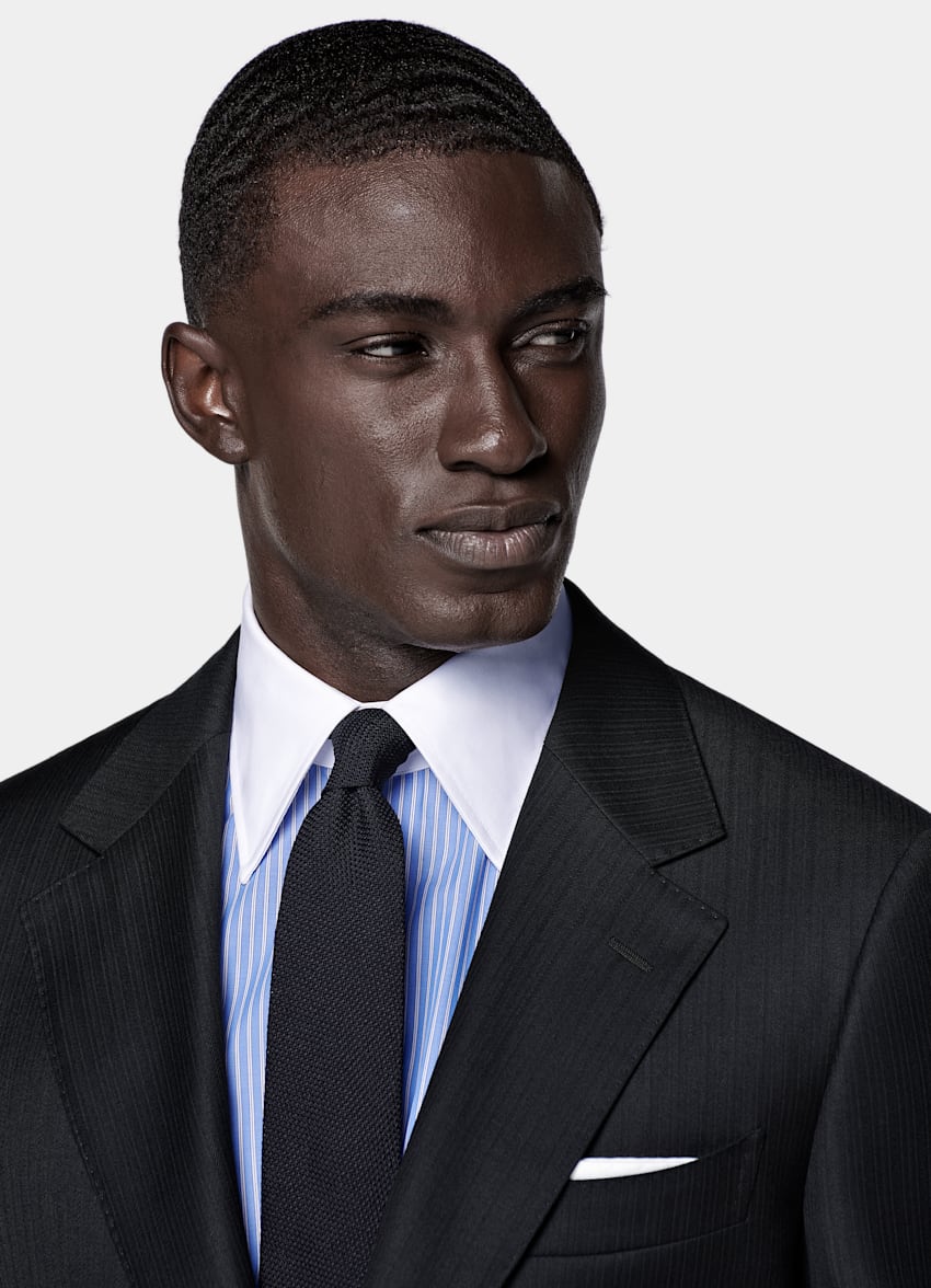 SUITSUPPLY All Season Pure S130's Wool by E.Thomas, Italy Navy Striped Tailored Fit Milano Suit