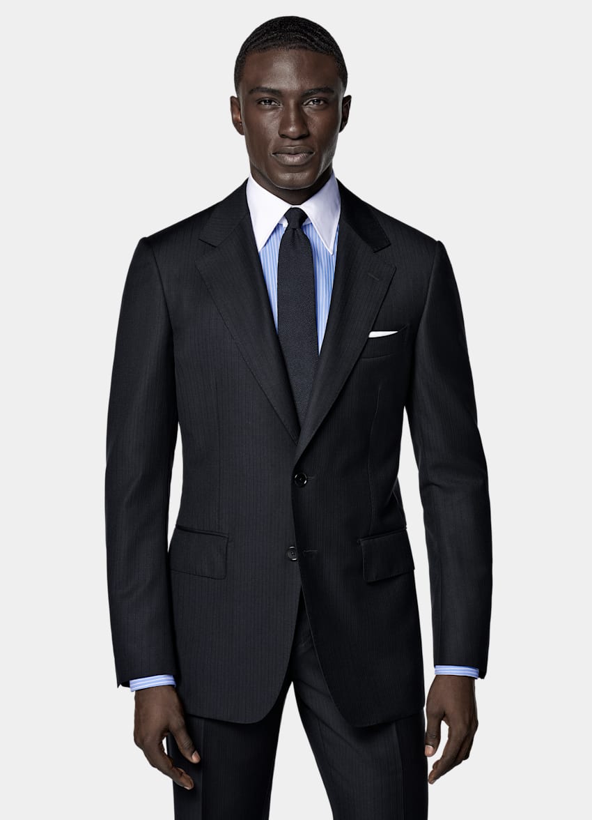SUITSUPPLY All Season Pure S130's Wool by E.Thomas, Italy Navy Striped Tailored Fit Milano Suit