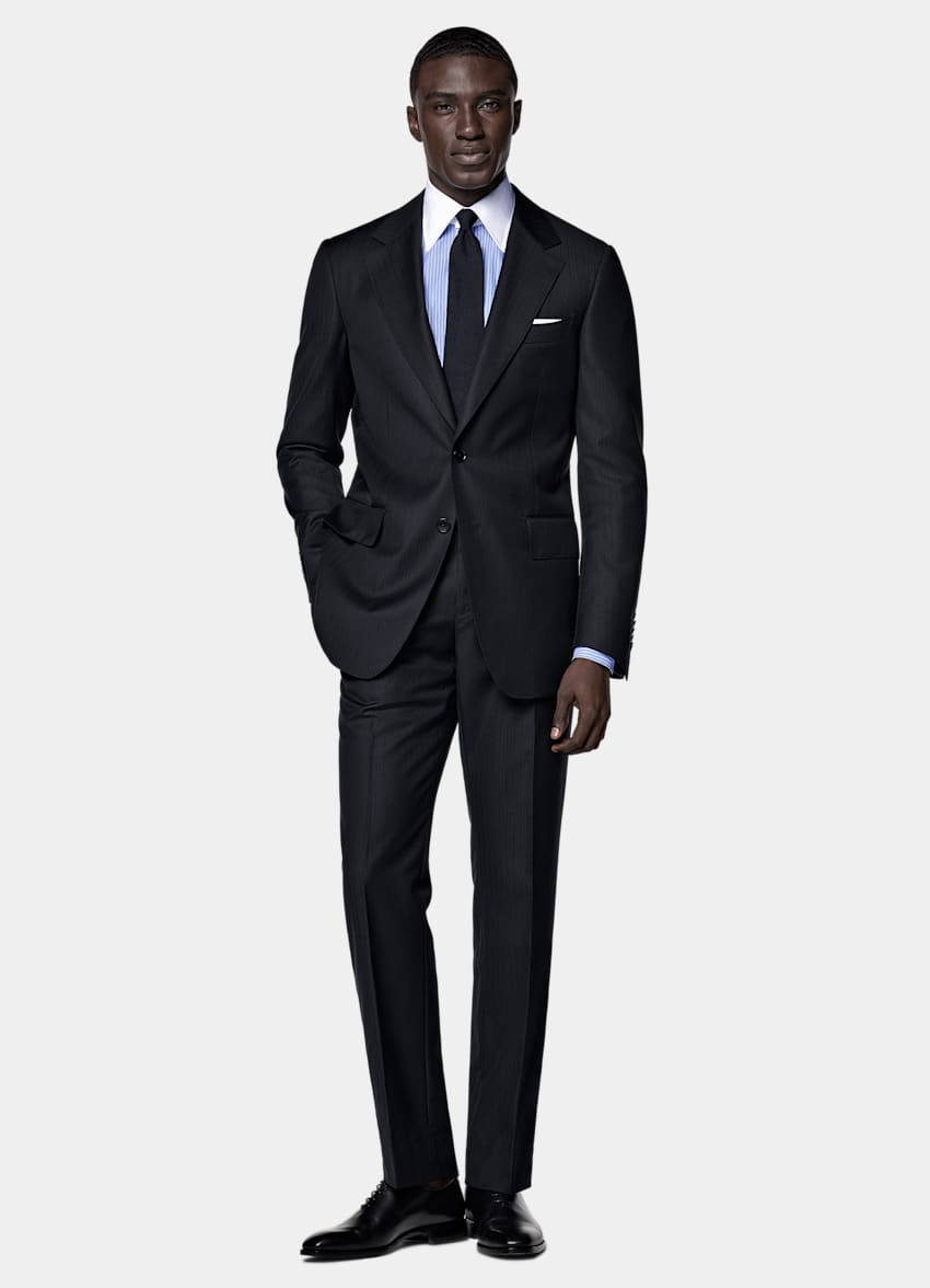SUITSUPPLY All Season Pure S130's Wool by E.Thomas, Italy Navy Striped Tailored Fit Milano Suit