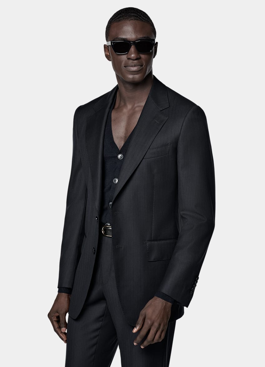 SUITSUPPLY All Season Pure S130's Wool by E.Thomas, Italy Navy Striped Tailored Fit Milano Suit