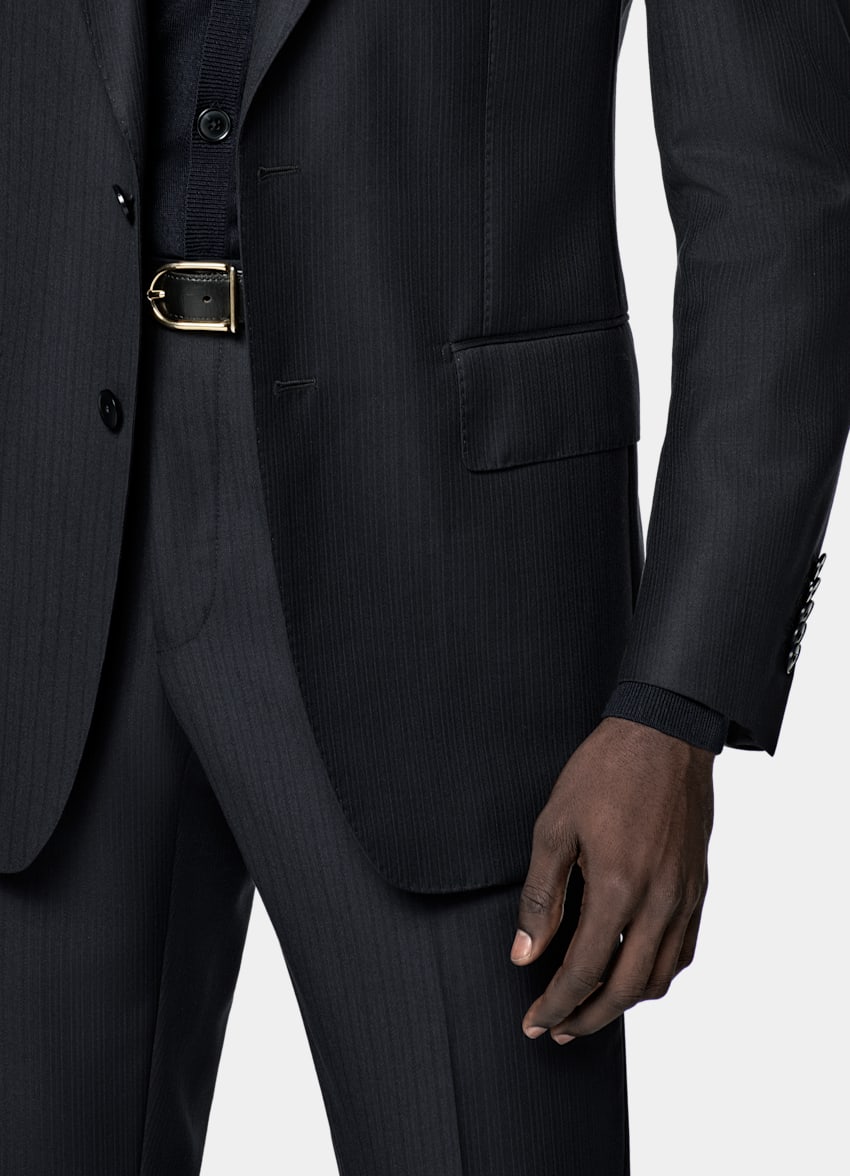 SUITSUPPLY All Season Pure S130's Wool by E.Thomas, Italy Navy Striped Tailored Fit Milano Suit